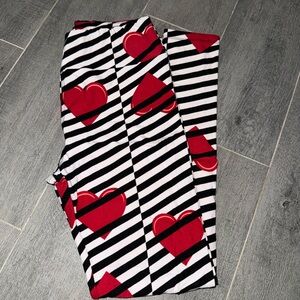 LuLaRoe Black and White Striped Leggings with Red Hearts | OS | Valentines Day